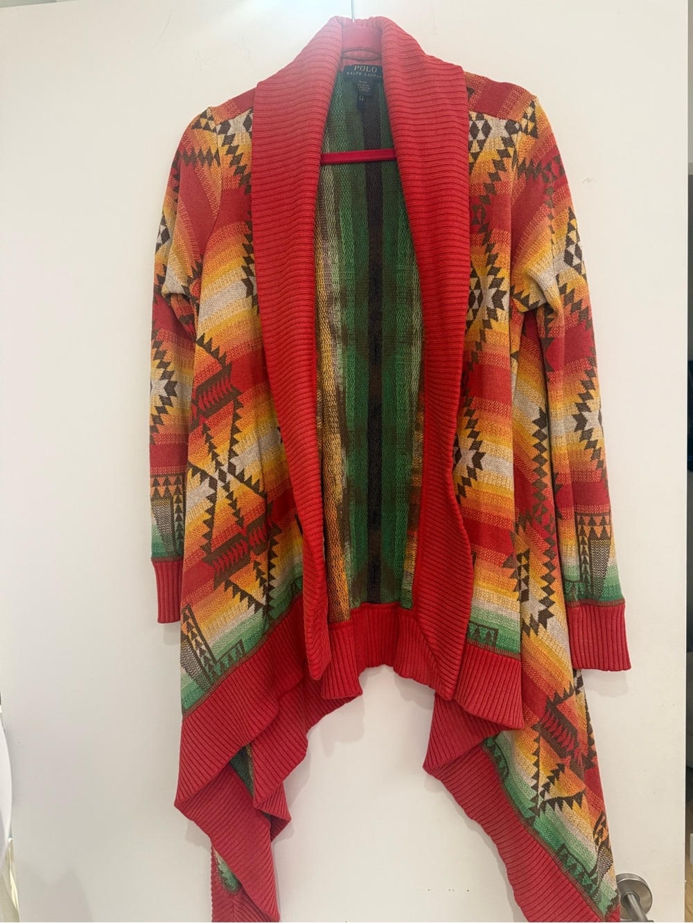 Polo by Ralph Lauren Red Multi Aztec Open-Front Shawl Cardigan